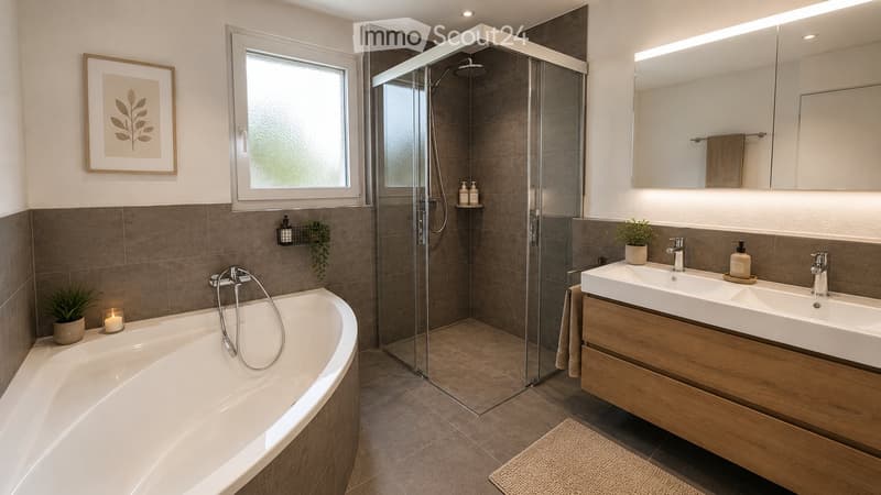 Modern bathroom with a bathtub, walk-in shower, double sink, large mirror, and decorative plants.