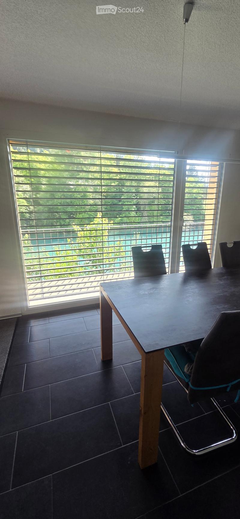 A modern dining area with a sleek black table and matching chairs, large windows with blinds overlooking a green view.