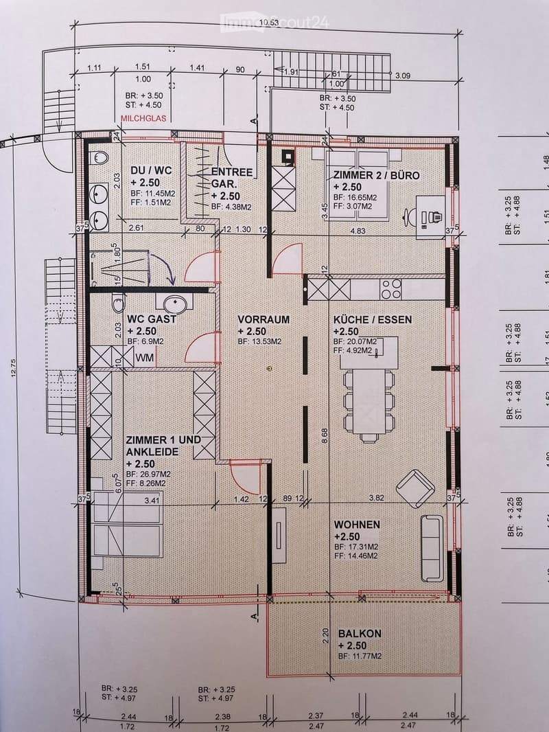 Floor plan showing a multi-room layout including a kitchen, living room, bedroom, bathroom, entrance, and balcony.