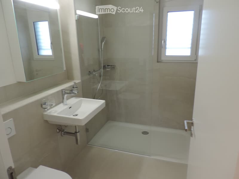 Modern bathroom with a white sink, mirror, bathtub with glass enclosure, and a toilet. The walls are tiled in a neutral color, and there are two small windows providing natural light.