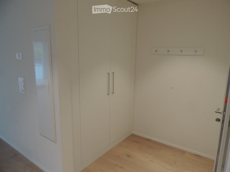 Empty room with light-colored walls, wooden flooring, and built-in white closet with mirrored doors. A coat rack is mounted on the wall.