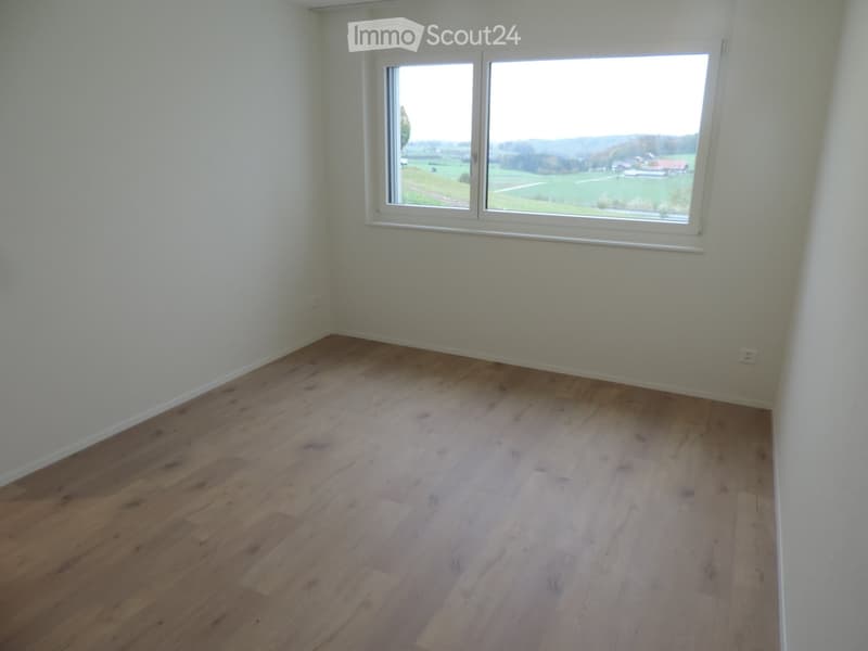 Empty room with light wooden flooring and white walls, featuring a large window with a scenic countryside view.