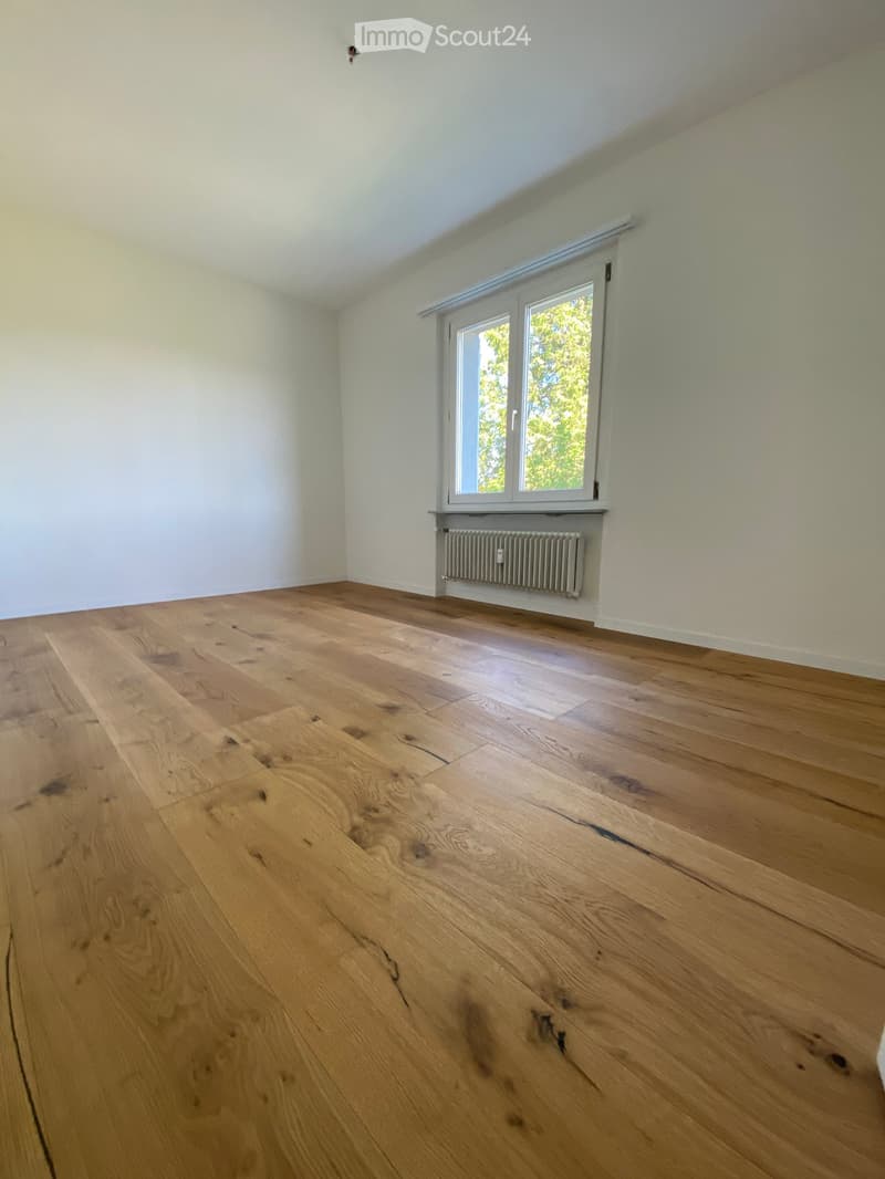 Large room with white walls, large windows, wooden floor, radiator