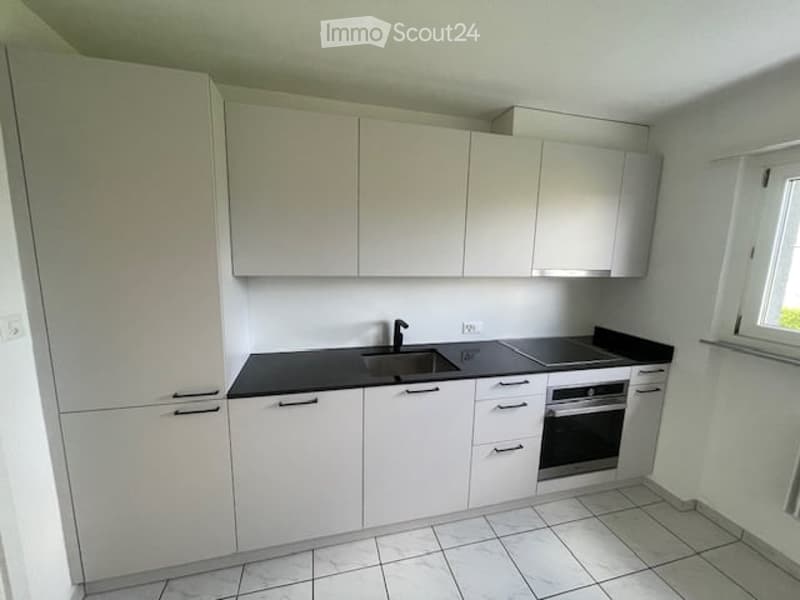 modern kitchen with white cabinets, black countertops, modern appliances