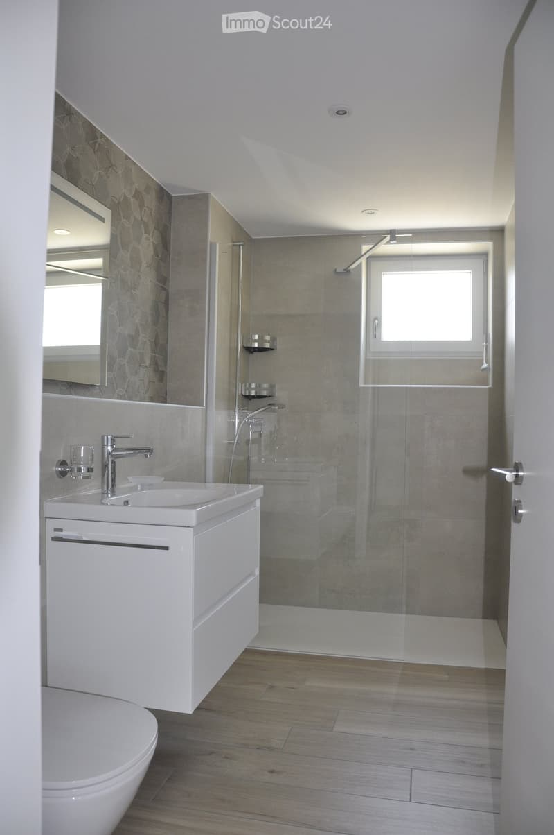 Modern bathroom with a white sink, chrome faucet, mirror, toilet, and a glass-enclosed shower with a modern showerhead. The room features light wooden flooring and a sleek design.