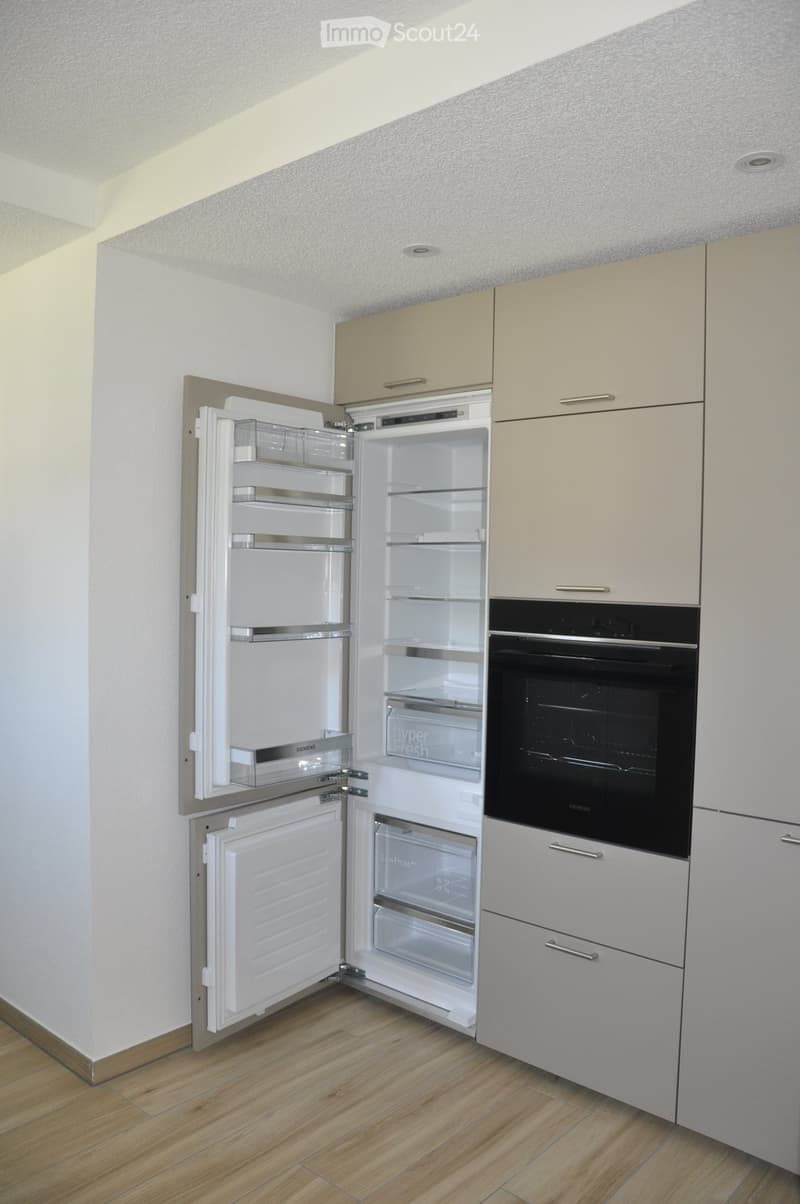 Modern kitchen with light-colored cabinets, a built-in refrigerator, and an oven, all with sleek, contemporary design.
