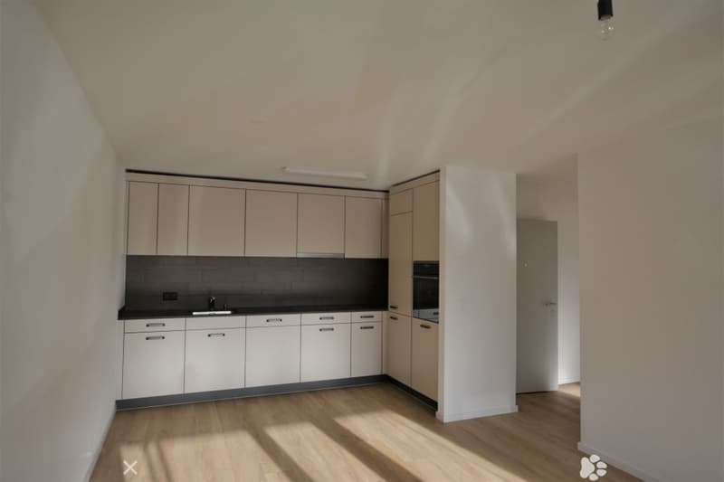 Modern kitchen with light-colored cabinets, a black backsplash, and a wooden floor. Features a sink, oven, and ample storage space.