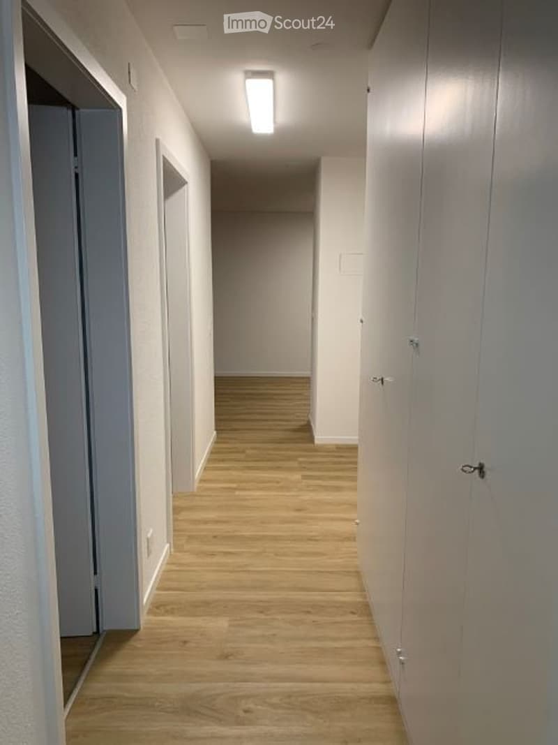 A narrow hallway with light wooden flooring, white walls, and a single ceiling light fixture. Doors are visible on both sides.