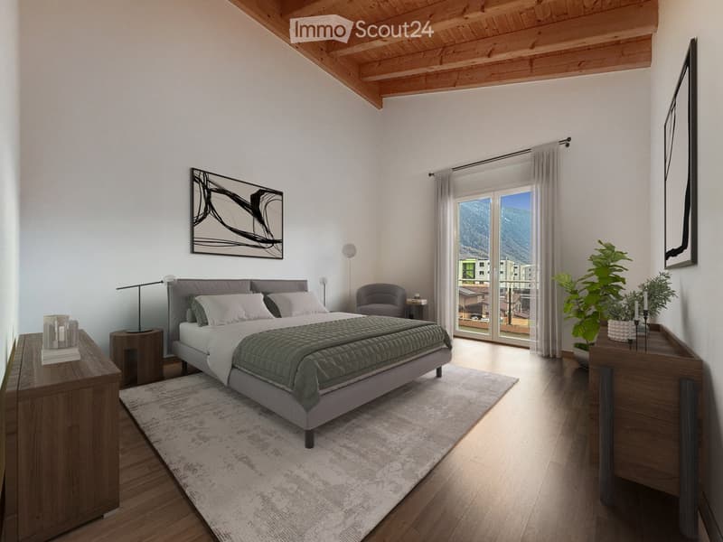 Modern bedroom with a large bed, nightstands, a chair, a small table, a floor lamp, and a plant near the window offering a scenic view.