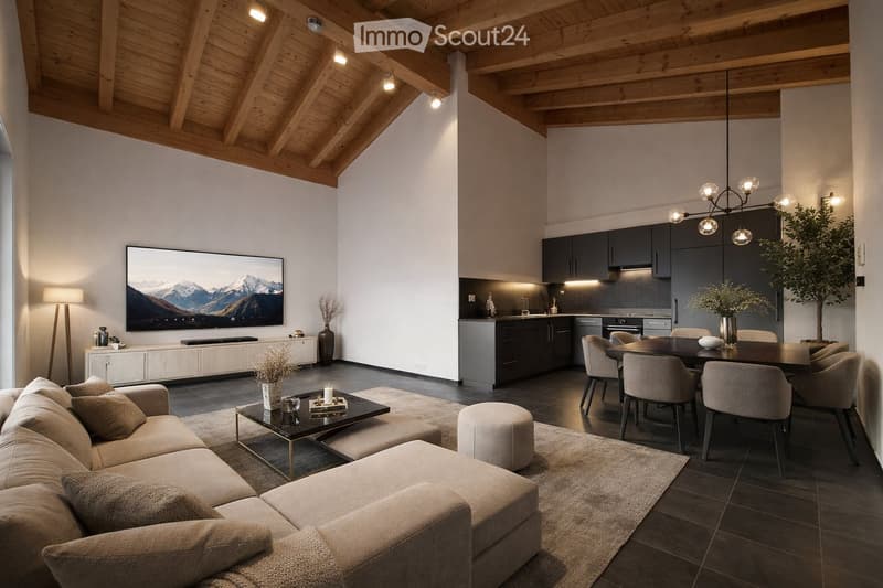 Open-concept living and dining area with a modern aesthetic. Features a large sectional sofa, coffee table, ottoman, dining table with chairs, and a sleek kitchen with dark cabinets and a central island. A large television is mounted on the wall, and the