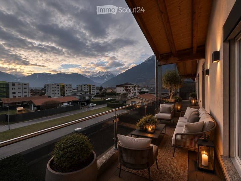 Balcony with wooden decking, modern furniture including a sofa, chairs, a coffee table, and potted plants, overlooking a scenic mountain view.