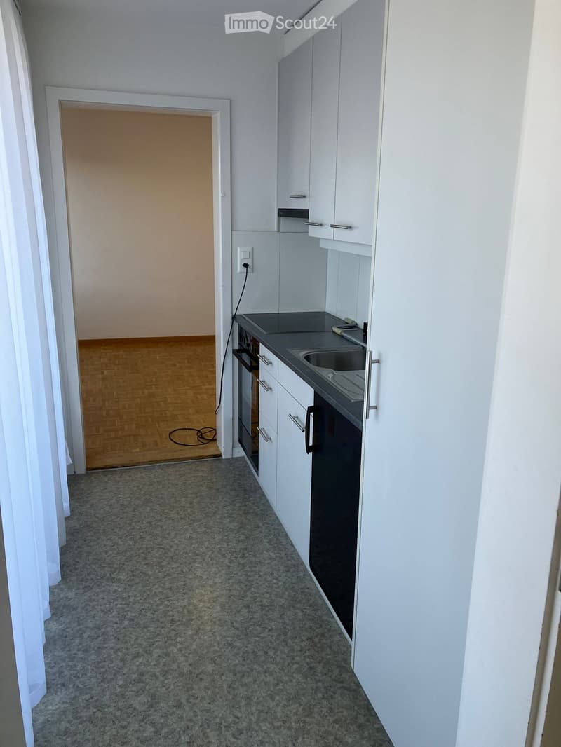 Empty kitchen with white cabinets, a sink, and a countertop. The floor is carpeted, and there is a doorway leading to another room with wooden flooring.