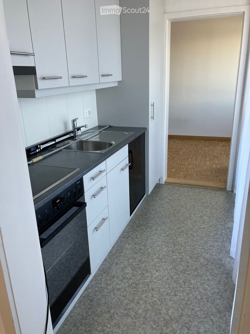 Modern kitchen with white cabinets, a black countertop, a sink, and an oven. The floor is covered with grey carpeting, and there is a wooden parquet area visible in the adjacent room.