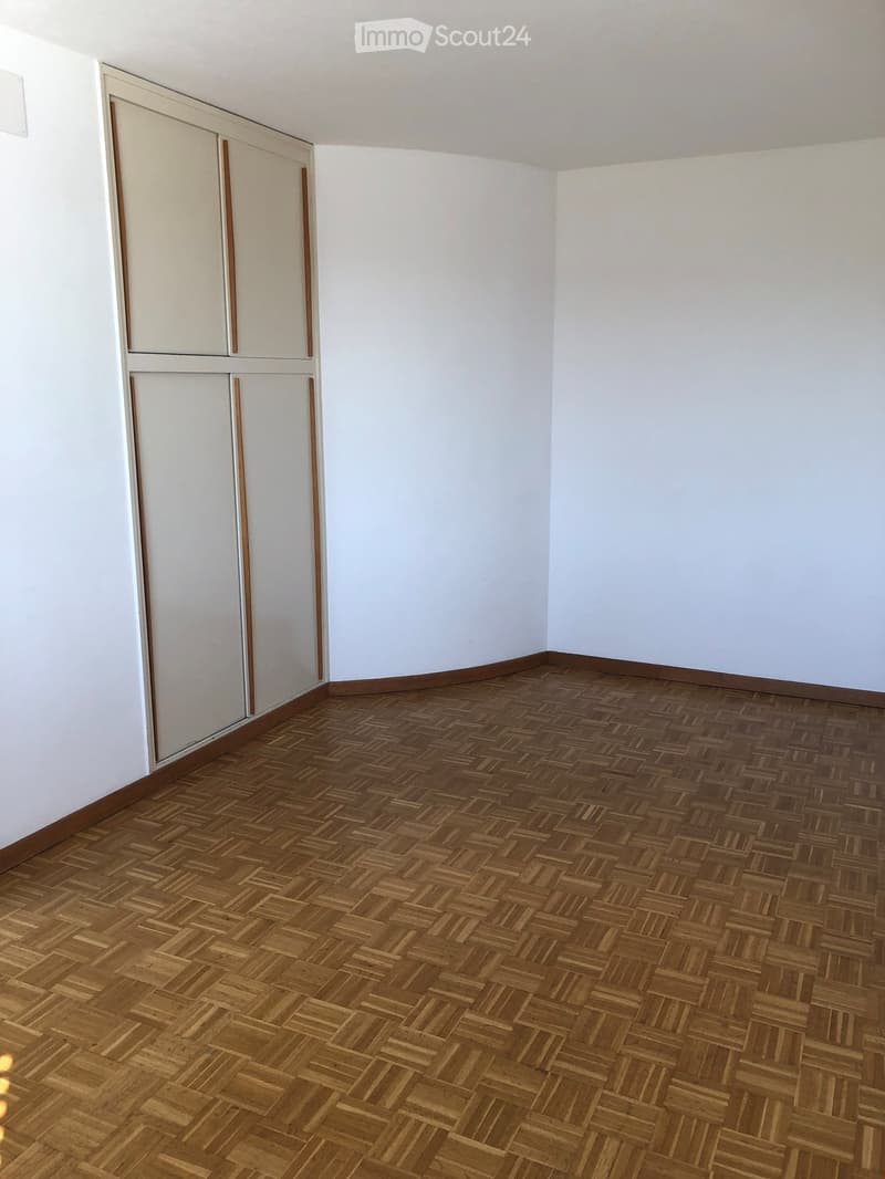 Empty room with white walls, wooden herringbone flooring, and built-in cabinets.