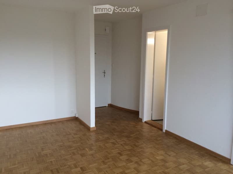 Empty room with wooden parquet flooring, white walls, and a doorway leading to another space.