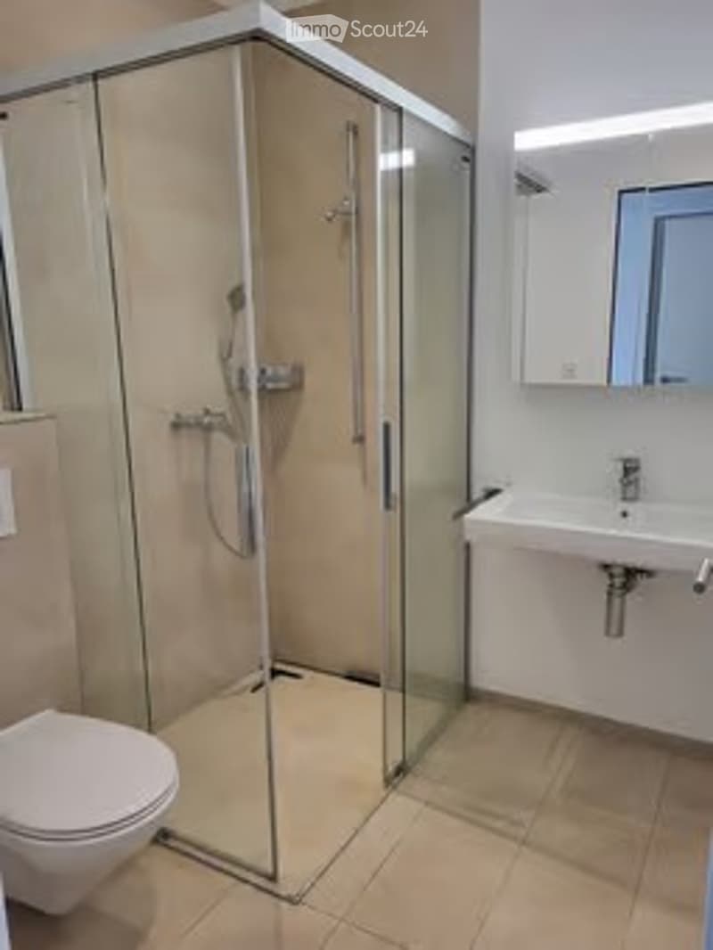 Modern bathroom with a white toilet, a sink with a mirror, and a glass-enclosed shower. The floor is tiled, and the walls are light-colored.