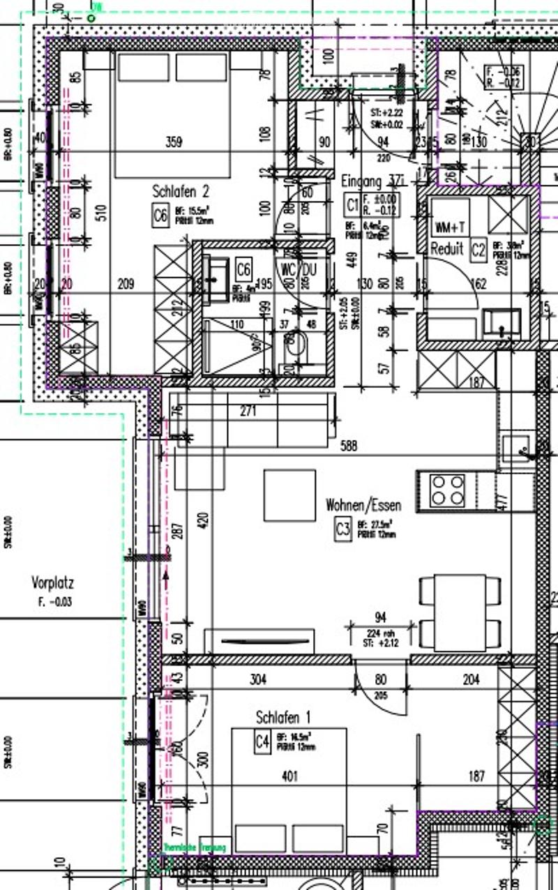 Floor plan of a multi-room residential space, including living/dining area, bedrooms, bathrooms, and utility rooms.