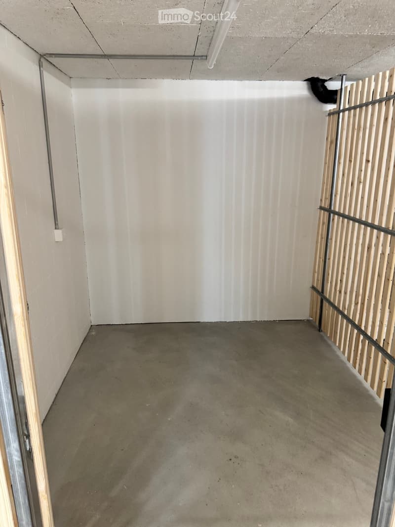 Empty room with concrete floor and white walls, featuring a wooden panel structure on the right side and a partially visible door frame on the left.