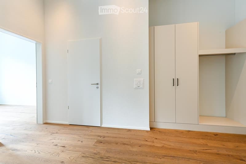 Empty room with light-colored walls, wooden flooring, built-in closet with open shelf, and a closed door leading to another space.
