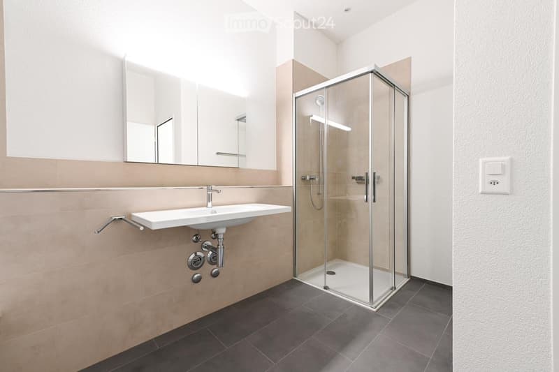 Modern bathroom with a white sink, large mirror, and a glass-enclosed shower. Beige tiles and dark grey flooring.
