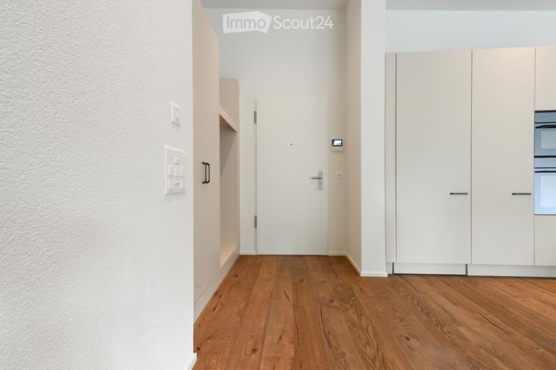 Empty hallway with wooden flooring, white walls, and built-in cabinets on both sides. A closed door is visible at the end of the hallway.