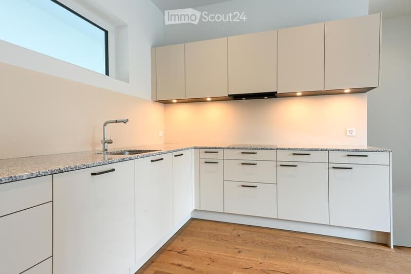 Modern kitchen with white cabinets, granite countertop, and a stainless steel sink and faucet.