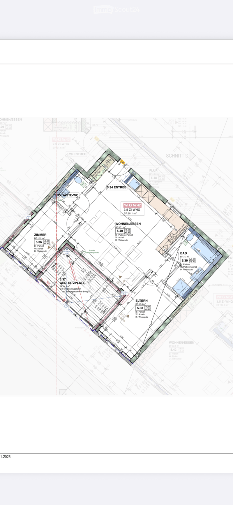 Floor plan of a residential unit showing rooms labeled: entrance, living room, dining area, bedroom, bathroom, and kitchen. Includes dimensions, floor levels, and room labels.