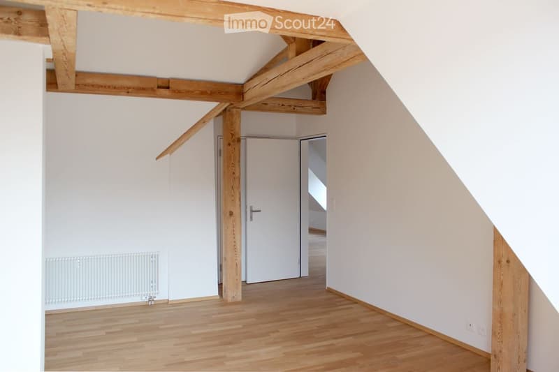 Empty attic room with wooden beams, light wooden flooring, white walls, and a white radiator. A closed white door leads to another room.