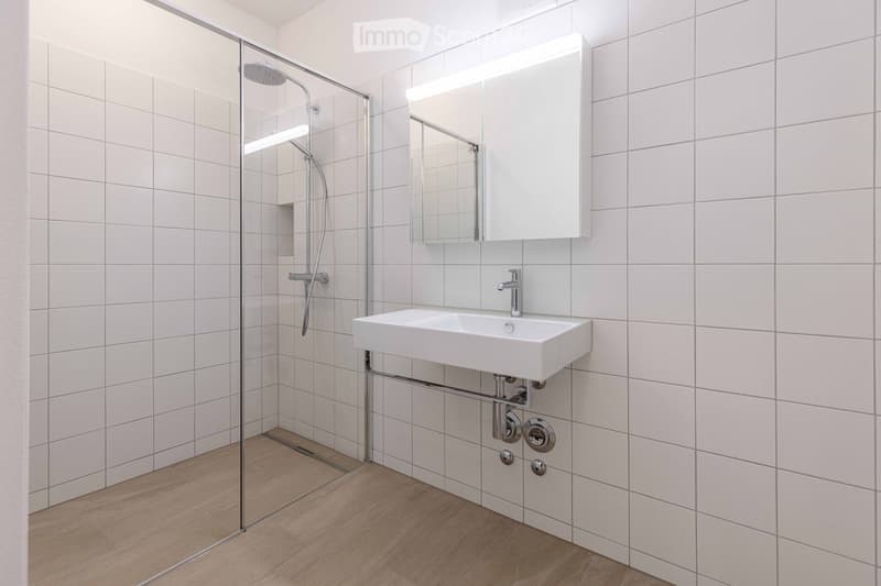 Modern bathroom with white tiles, glass shower enclosure, white sink, and a mirror with a built-in light.