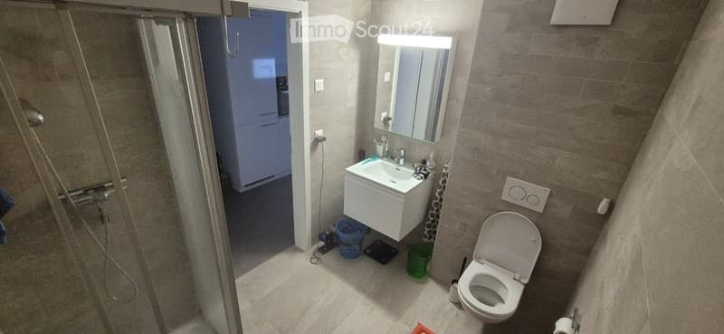 Modern bathroom with a white sink, mirror, toilet, and a glass-enclosed shower. The walls are tiled in a neutral color, and there is a small cabinet in the background.