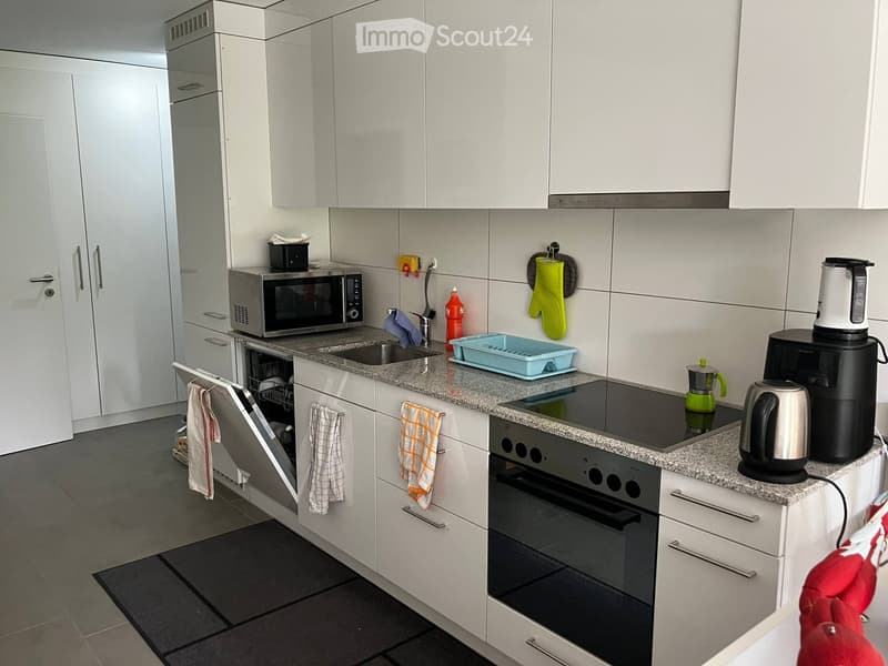 Modern kitchen with white cabinets, granite countertops, microwave, oven, induction stove, and various appliances.