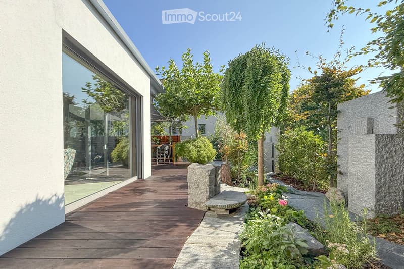 Wooden deck, stone bench, garden with trees and plants, glass wall, bright sunlight, shadow of building on the wall