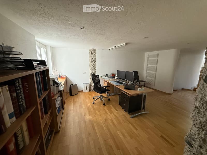 Desk with two monitors and office chair, bookcase, air purifier, office lamps