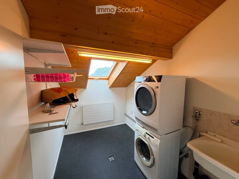 Compact bathroom with a washing machine, sink, radiator, and built-in storage. Features a skylight window and wooden ceiling.