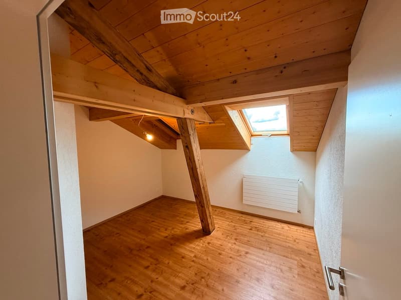 Empty attic space with wooden beams, wooden floor, skylight window, and white radiator.