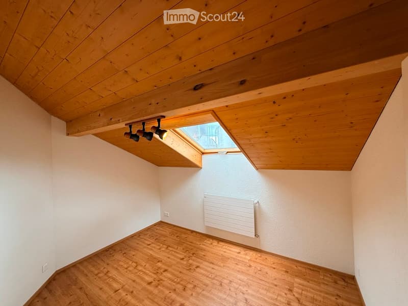 Empty room with wooden floor, white walls, wooden slanted ceiling, skylight window, and radiator.