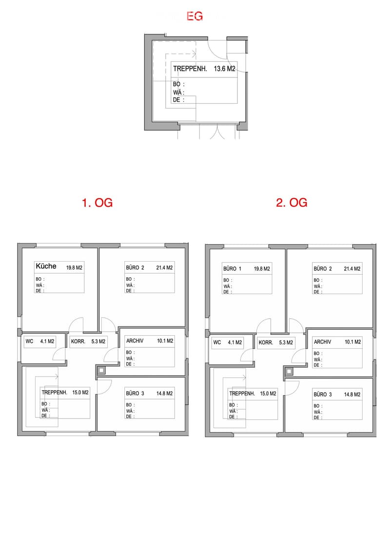 Floor plan showing three levels: ground floor with staircase, first floor with kitchen, offices, archive, and corridor, second floor with similar layout.