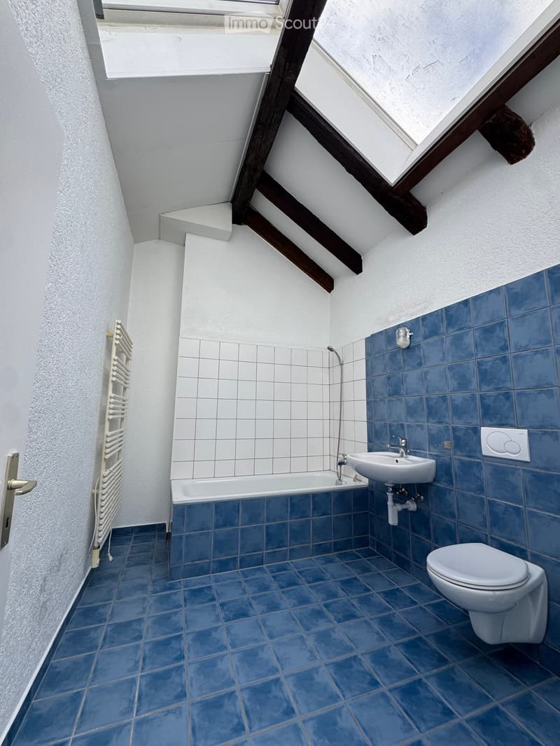 Bathroom with blue tiles, white walls, bathtub, sink, toilet, radiator, and skylight window.