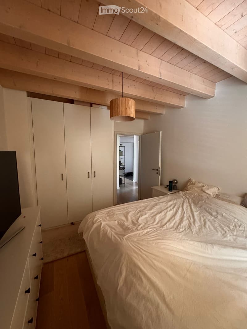 Modern bedroom with a large bed, white bedding, built-in wardrobes, a pendant light, and a nightstand with a lamp.