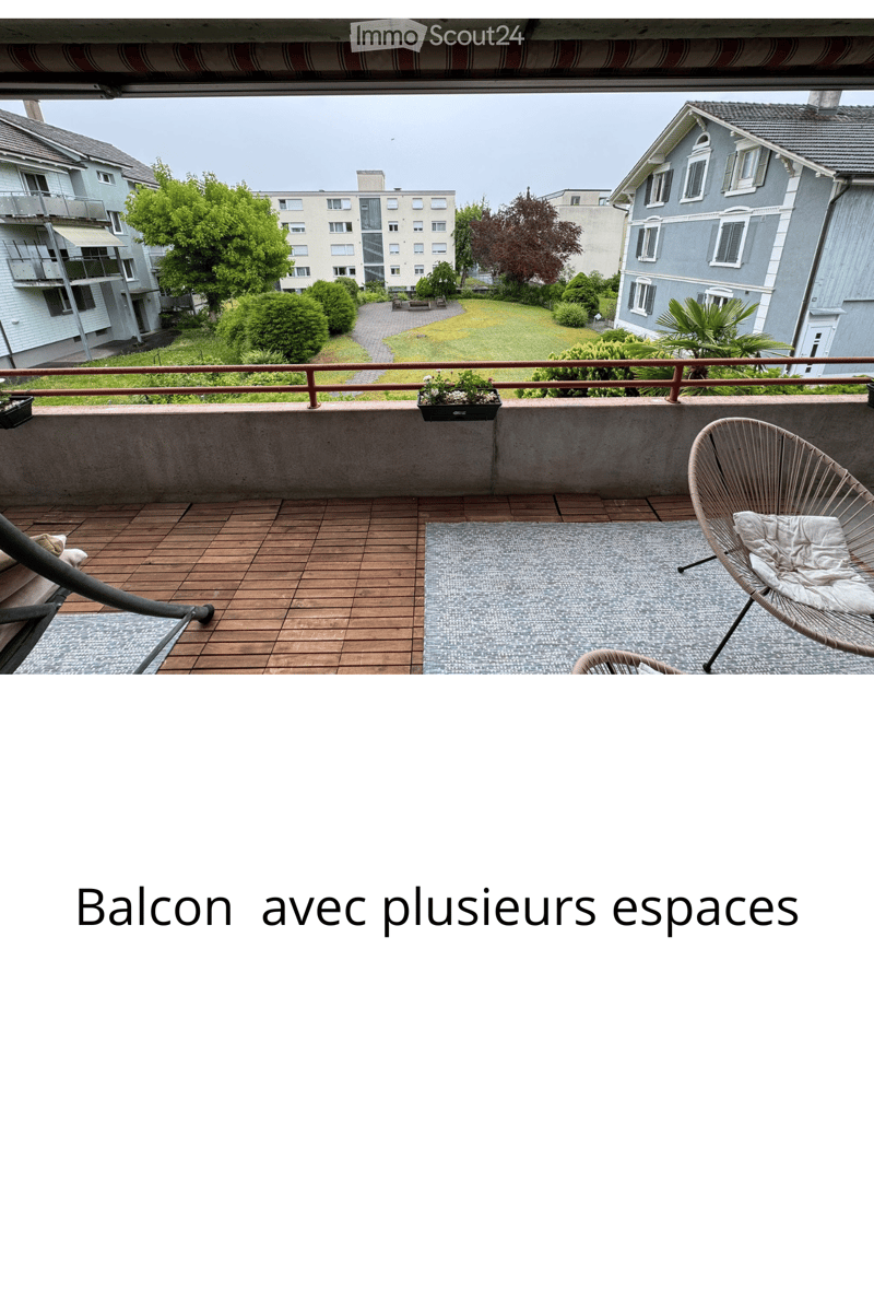 Balcony with wooden decking, a modern wire chair, a grey rug, and potted plants on the railing.