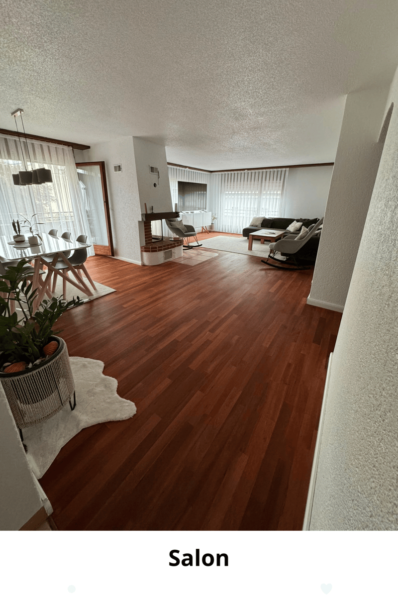 Modern living room with hardwood floors, large windows, a fireplace, a sofa, coffee table, dining area, and decorative plants.