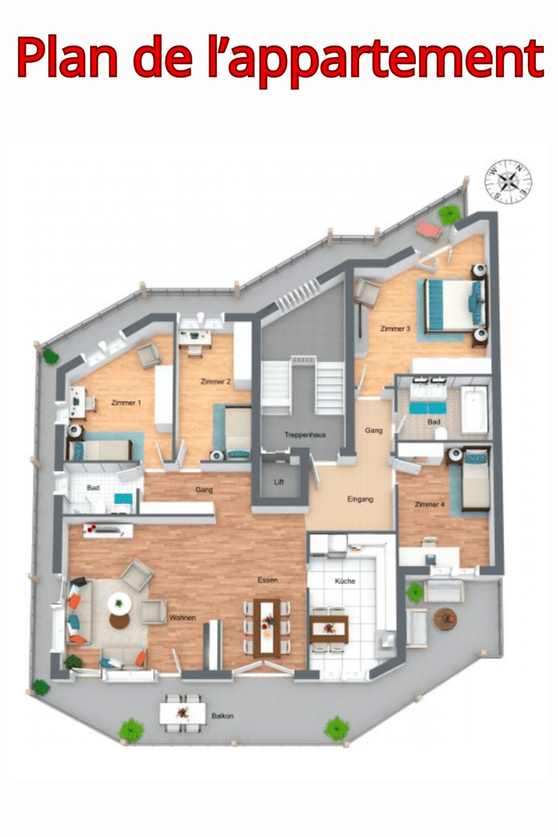 Floor plan of an apartment with living room, dining area, kitchen, four bedrooms, two bathrooms, hallway, staircase, and balcony.