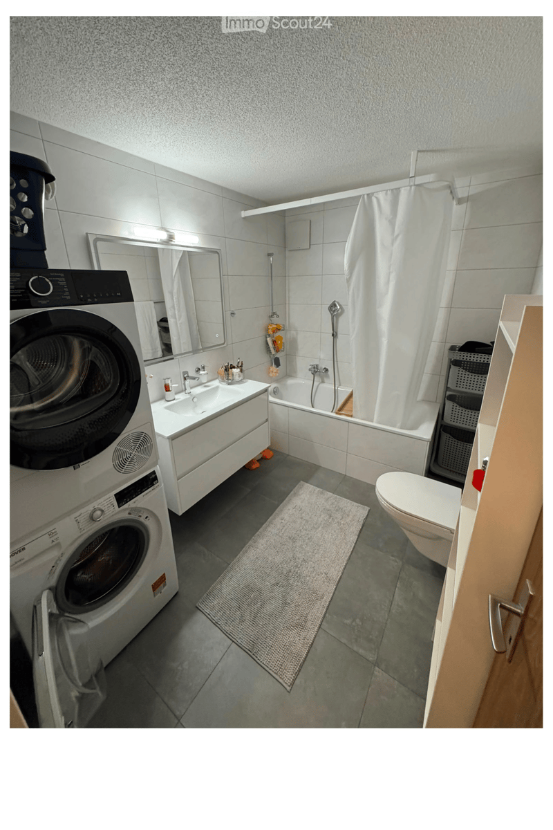 Modern bathroom with a washing machine, sink, bathtub, toilet, and a shower area with a curtain. The space includes a mirror, a bathroom rug, and a cabinet.
