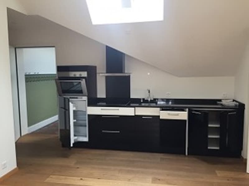 Modern kitchen with black cabinets, white countertops, a refrigerator, and a sink. The space features wooden flooring and a skylight above.