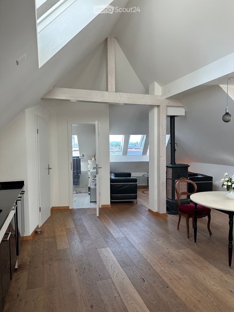 Bright, open-plan attic space with wooden flooring, exposed wooden beams, and skylights. Features a round table with a chair, a sofa in an adjacent room, and a radiator.