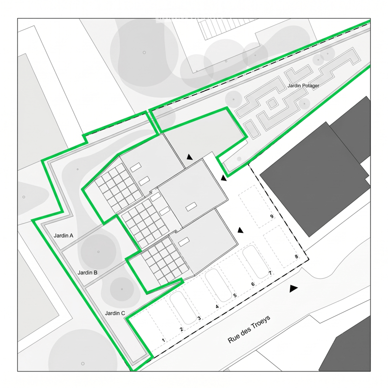 Floor plan of a building with labeled rooms and gardens, including Jardin A, Jardin B, Jardin C, and Jardin Potager.