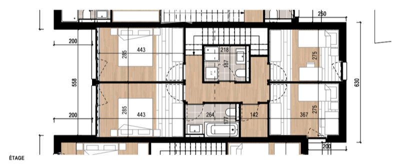 Floor plan of a two-bedroom apartment with a living room, kitchen, two bathrooms, and a hallway.