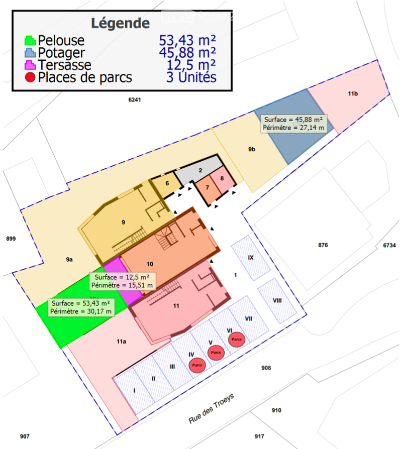 Floor plan showing three units: a 53.43 m² living space, a 45.88 m² kitchen, and a 12.5 m² terrace, with parking spaces indicated.