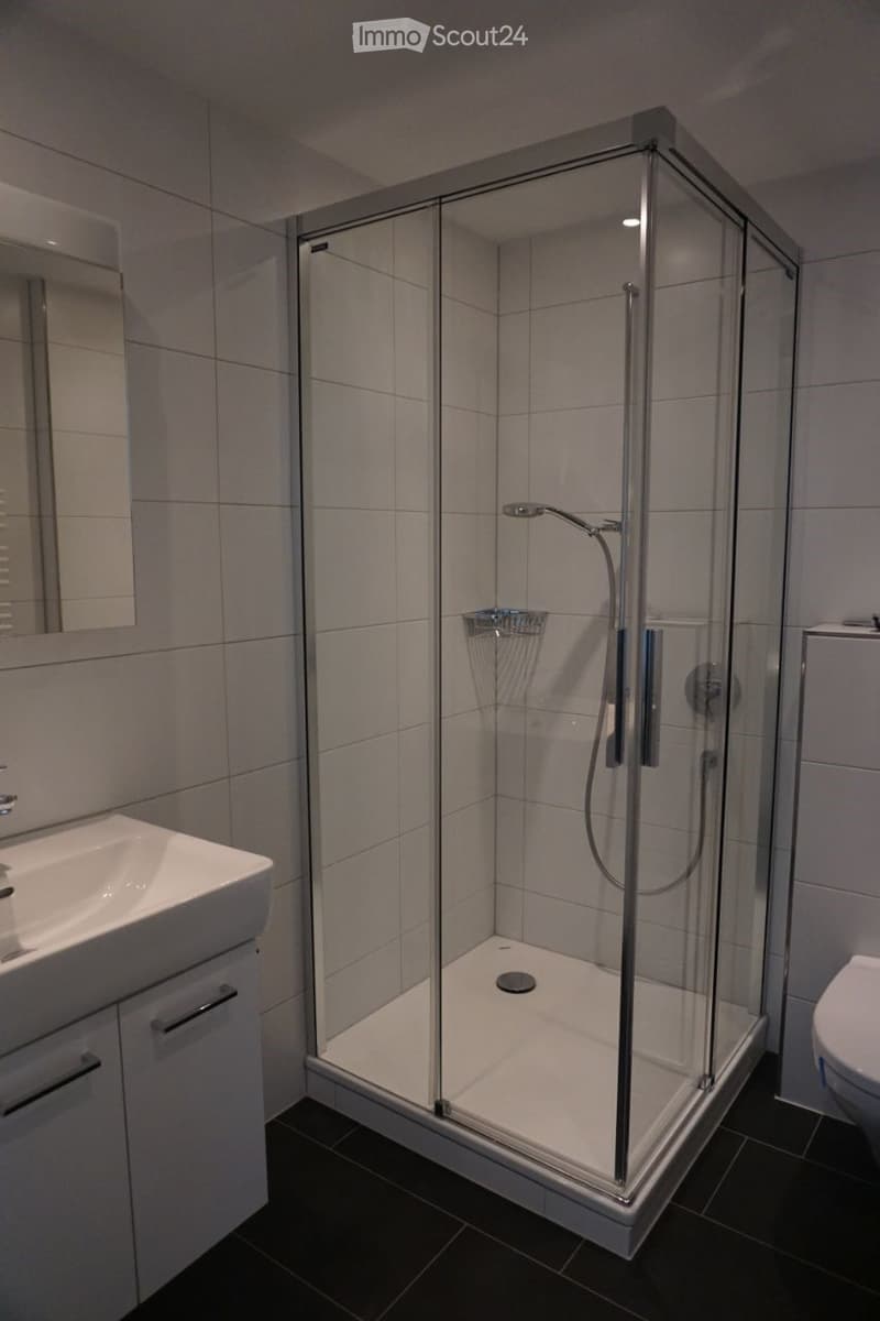 Bathroom. Modern bathroom with a glass-enclosed shower, a sink with a mirror, and a toilet. The shower features a handheld showerhead and a built-in shelf. The walls are tiled in light grey, and the floor is dark grey tiles.