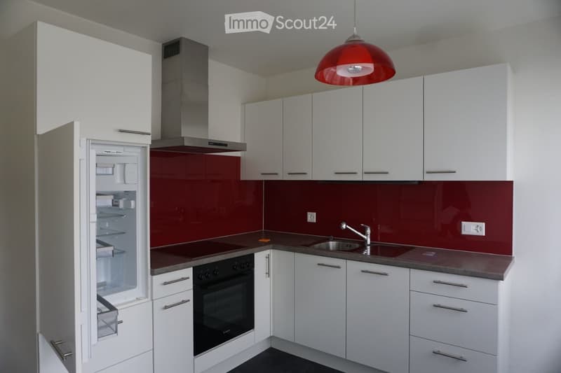 Kitchen. Modern kitchen with white cabinets, stainless steel appliances, red backsplash, and a hanging red pendant light.